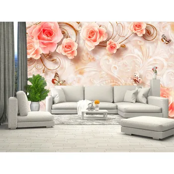 Sienos freskos rožės stereoskopinis gėlės rausvos spalvos. 3D sienos freskos miegamojo, Salė, namas.