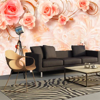 Sienos freskos rožės stereoskopinis gėlės rausvos spalvos. 3D sienos freskos miegamojo, Salė, namas.