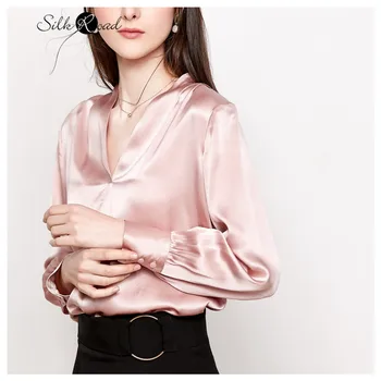 Silviye Šilko marškinėliai moterų Satino, Šilko vientisos spalvos ilgomis rankovėmis universalus T-shirt mados blusas mujer de moda 2020 m.