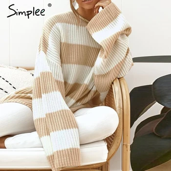 Simplee megztas Dryžuotas džemperis moterims, O kaklas storas megztinis moterų megztinis Laisvas minkštų streetwear atsitiktinis vilnos megztinis žiemą