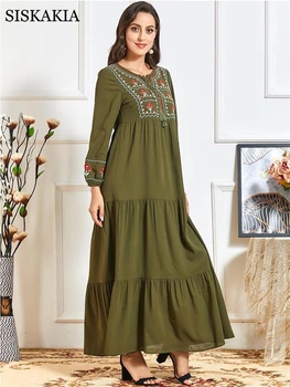 Siskakia Prašmatnus Etninės Gėlių Siuvinėjimas Maxi Suknelė Moterims Rudenį 2020 Armijos Žalioji O Kaklo, ilgomis Rankovėmis arabų Musulmonų Drabužiai Nauji