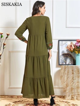 Siskakia Prašmatnus Etninės Gėlių Siuvinėjimas Maxi Suknelė Moterims Rudenį 2020 Armijos Žalioji O Kaklo, ilgomis Rankovėmis arabų Musulmonų Drabužiai Nauji