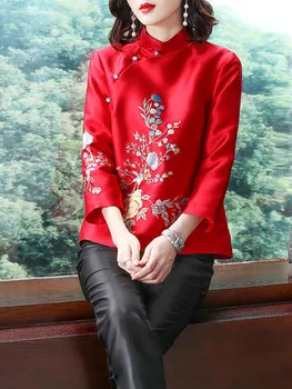 Siuvinėjimo Cheongsams mandarinų apykaklės stiliaus tradicinių striukės top moterims
