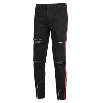 Sokotoo Vyrų raudona juoda juostele linija kratinys kankina džinsai Slim fit užtrauktukų skylių nelaimę ruožas džinsinio audinio kelnės