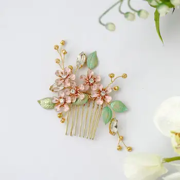 Spalvos Emalio Gėlių Plaukų Šukos Mažų Rausvos Staigius Vintage Stiliaus Aukso Lapų Nuotaka Vestuvių Plaukų Aksesuarai