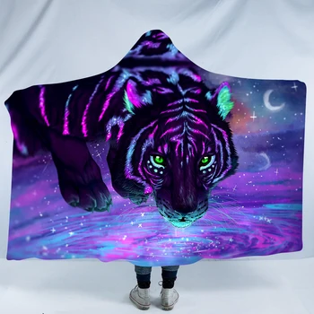 Spalvos Fluorescencinė Tigras Modelio 3D Atspausdintas Pliušinis Hoodie Antklodė Suaugusiems Vaikas Šiltas Nešiojami Vilnos Antklodės Mesti