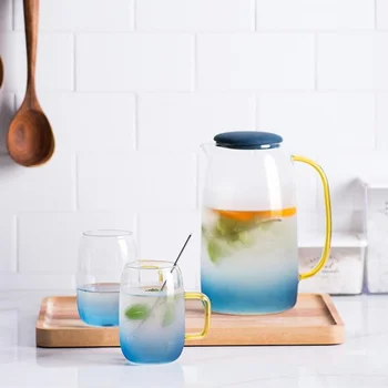 Stiklo vandens ware Gradientas mėlyna skaidri Aukso rankena 1.4 L Šalto virdulys puodelio Kavos, arbatos rinkinys, baras apdailos Namų virtuvės Reikmenys