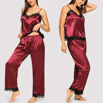 Stilingas Karšto Pardavimo Moterų Šilko Satino Nėriniais Sleepwear Rinkiniai Diržas V-kaklo, Rankovių Viršūnes ir Aukštos juosmens, Palaidi Kelnės Sleepwear Rinkiniai