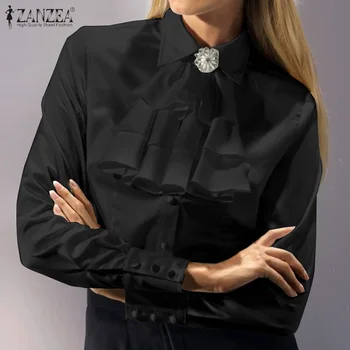 Stilingas OLIS Marškinėliai Moterims Vasaros Palaidinė ZANZEA 2021 Atsitiktinis Teismas Marškinėliai ilgomis Rankovėmis Viršūnes Moterų Lygiosios Lankas Blusas Negabaritinių Tunika