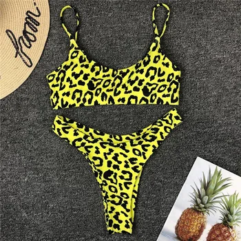 Strappy leopardas spausdinti maudymosi kostiumėlį 2019 Bandeau bikini top aukštos sumažinti diržas moterų maudymosi kostiumėliai, Push up seksualus bandeau maudymosi kostiumą bqiuini
