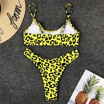 Strappy leopardas spausdinti maudymosi kostiumėlį 2019 Bandeau bikini top aukštos sumažinti diržas moterų maudymosi kostiumėliai, Push up seksualus bandeau maudymosi kostiumą bqiuini