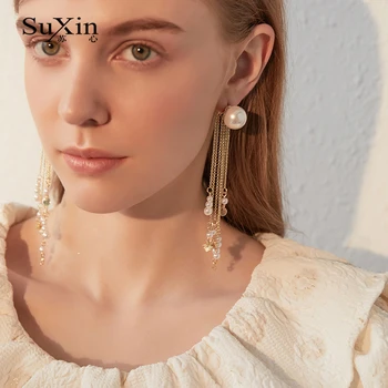 SuXin auskarai 2020 naujas paprastas aukso perlas kutas temperamentas auskarai moterims, ilgą perlų pakabukas auskarai papuošalai dovana