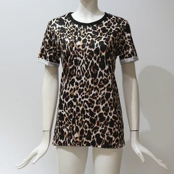 Summer Tee Leopardas Spausdinimo Raundo Kaklo Lady Trumpas Rankovės Marškinėliai Harajuku Moterų Viršūnių Punk Mergaičių Marškinėliai Haut Femme Rz*