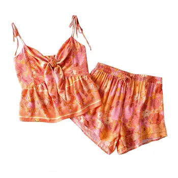 TEELYNN Oranžinės spalvos Gėlių Spausdinti moteris, Dviejų dalių Rinkinys Sexy rankovių Cami Viršūnes karšto Šortai, Kelnės 2020 metų vasaros Boho Laisvalaikio Apranga,, paplūdimio