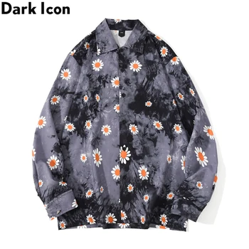 Tamsiai Piktogramą Kaklaraištis Dažyti Daisy Marškinėliai Vyrų Ilgas Rankovėmis vyriški Marškiniai, Pilka, Mėlyna