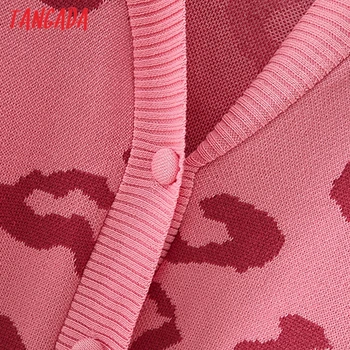 Tangada Moterų Pink Leopard Cardigan Vintage Megztinis Lady Mados Negabaritinių Megzti Megztinis Kailis 7Y9