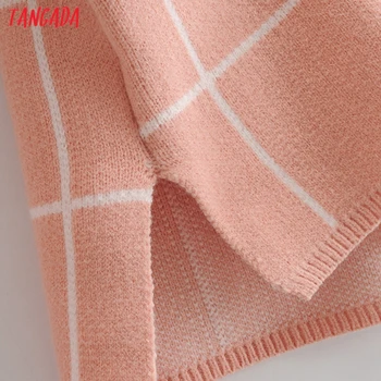 Tangada korėja elegantiškos moterys rožinės spalvos pledas modelis golfo megztinis, vintage ponios purus megzti megztinis viršūnes SY153
