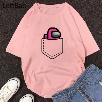 Tarp Mūsų Pink Crewmate Kišenėje Kawaii T-shirts Harajuku Mada Moterims Apvalios Kaklo Ulzzang Hipster Juokinga Spausdinami T Marškinėliai Tee Viršūnės