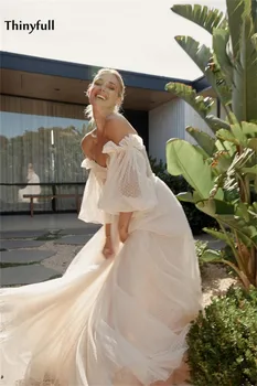 Thinyfull Šampano Tiulio Boho Vestuvių Suknelės Su Nuimamais Rankovėmis Beach-Line Brangioji Šalies Bohemijos Vestuvių Suknelės