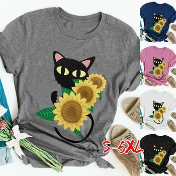 Tingus Kačių Saulėgrąžos Spausdinti Juokinga Moterų marškinėliai trumpomis Rankovėmis Vasarą T-shirt Grafikos Tees Moterų Drabužiai Ropa De Verano Mujer