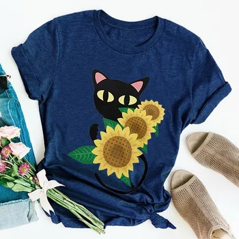 Tingus Kačių Saulėgrąžos Spausdinti Juokinga Moterų marškinėliai trumpomis Rankovėmis Vasarą T-shirt Grafikos Tees Moterų Drabužiai Ropa De Verano Mujer