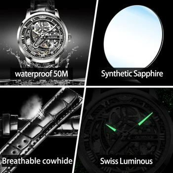 Top Brand OUPINKE Prabangūs vyriški Mechaninis Laikrodis Automatinis laikrodis Vyrams Klasikiniai Skeletas, Oda Sapphire atsparus Vandeniui