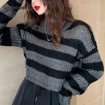 UVRCOS Puloveriai Dryžuotas Trumpas Moterų Megztinis 2020 Atsitiktinis Trikotažas Streetwear Megztinis Pilkos spalvos Black, Gothic Megzti Megztiniai