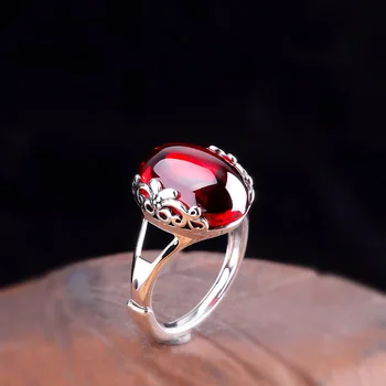Uglyless Vintage Mados Granatas Raudonų Žiedų Moterų Chalcedony Brangakmenių Atidaryti Žiedai Nekilnojamojo 925 Sidabro Gėlės Etninės Suknelė Papuošalai