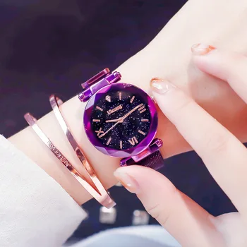 Ulzzang Prabangūs Krištolo Žvaigždė Danguje Moterų Laikrodžiai Purple Lady Plieno Dirželis Magnetinė Sklendė, Apyrankės Žiūrėti Romėnišką Dovana Laikrodis
