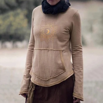 Umeko Rudens Žiemos Genčių Stiliaus Lady ilgomis rankovėmis T-shirt Nereguliarus Hem Mėnulis Modelis Viršų Atsitiktinis Moterų Visų rungtynių Kempingas Out