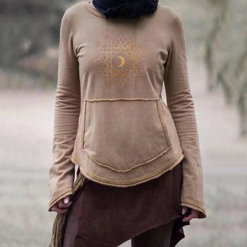 Umeko Rudens Žiemos Genčių Stiliaus Lady ilgomis rankovėmis T-shirt Nereguliarus Hem Mėnulis Modelis Viršų Atsitiktinis Moterų Visų rungtynių Kempingas Out