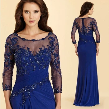 Už prieinamą kainą Žavinga Royal Blue Lace Brangakmenis Kaklo Motina Nuotakos Suknelės Su 3/4 Rankovėmis Vestuves Chalatai Aplikacijos Zawalcowany