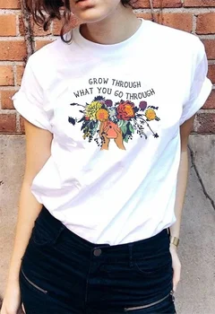 VIP HJN Mados Viršūnes Feminizmo T-Shirt Mielas Įkvepiantį Citatos Atspausdinta Tee Augti Per tai, Ką Jūs Einate Per Gėlių Spausdinti