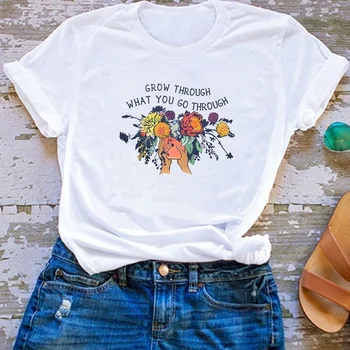 VIP HJN Mados Viršūnes Feminizmo T-Shirt Mielas Įkvepiantį Citatos Atspausdinta Tee Augti Per tai, Ką Jūs Einate Per Gėlių Spausdinti
