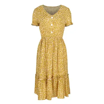 Vasaros Suknelė Elegantiškas Moterims Gėlių Spausdinti Ruched Kelio Sundress Ponios Atsitiktinis Kasdienio Įrengtas Drabužius Geltona 2020 Suknelės Moterims