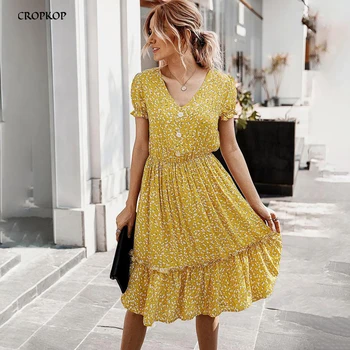 Vasaros Suknelė Elegantiškas Moterims Gėlių Spausdinti Ruched Kelio Sundress Ponios Atsitiktinis Kasdienio Įrengtas Drabužius Geltona 2020 Suknelės Moterims