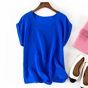 Vasaros atsitiktinis didelio dydžio trumparankoviai vientisos spalvos natūralaus šilko laisvi marškinėliai moteriški drabužiai