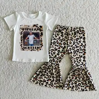 Vasarą Kūdikis merginos, komplektai, trumpas rankovėmis marškinėliai bell bottom Leopard kelnės vaikams drabužių rinkiniai Vaikams boutique