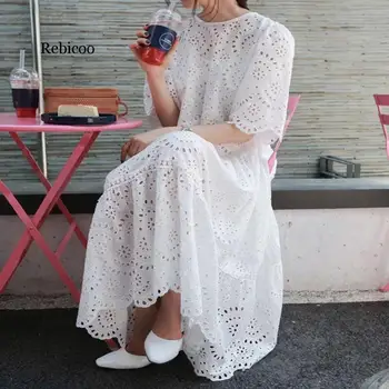 Vasarą Moterys Maxi Tunika Suknelė Trumpomis Rankovėmis Balti Nėriniai Long Beach Suknelė Pašaukimas Atostogų Drabužiai