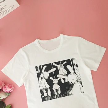 Vasarą Tamsiai Juoda Moteriška T-Shirt Japonijos Harajuku Gotikos Stiliaus Atsitiktinis Triušis Spausdinti Tee Viršuje Kawaii Anime Spausdinti Moterų Marškinėliai 070