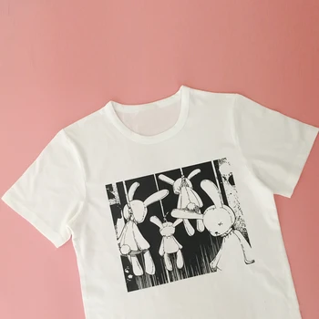 Vasarą Tamsiai Juoda Moteriška T-Shirt Japonijos Harajuku Gotikos Stiliaus Atsitiktinis Triušis Spausdinti Tee Viršuje Kawaii Anime Spausdinti Moterų Marškinėliai 070