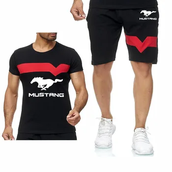 Vasarą Vyrai Trumpas rankovės Mustang automobilio Logotipas spausdinti Colorblock T-Shirt aukštos kokybės Medvilnės Vyrų T-marškinėliai+šortai kostiumas 2vnt