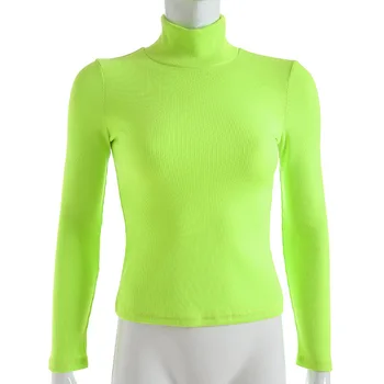 Vientisos Spalvos Harajuku Golfo Medvilnės Marškinėliai Neon Geltona Žalia Megzti Pasėlių Ilgomis Rankovėmis Korėjos Stiliaus Top Marškinėliai, Haut Femme