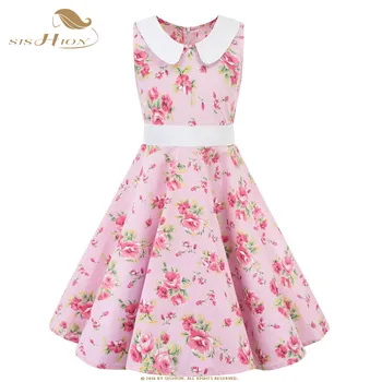 Vintage Suknelė Vaikams, Vaikams VD1151 Sūpynės Medvilnės Retro Vyšnių Gėlių Spausdinti Polka Dot Suknelė Mergina