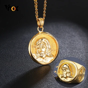 Vnox Vyrų Jėzus Krikščionių Monetos Karoliai, kaip ir Žiedas, Papuošalų Komplektas, Aukso Spalvos Nerūdijančio Plieno Pasisekė Likimo Dovanos Jam