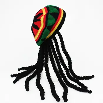 Vyrai, Moterys, Naujiena Drei Perukas Skrybėlę Jamaikos Reggae Stiliaus Nerti, Megzti Beanies Ilgi Juodi Plaukai Helovinas Beretė Bžūp