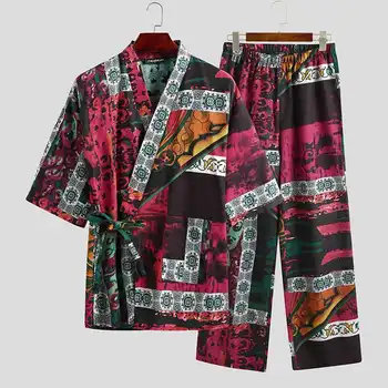 Vyrai Pusė Rankovėmis V-Kaklo Spausdinti Nėrinių Viršūnės Medvilnės Kelnės Sleepwear naktiniai drabužiai Kimono Yukata Kostiumai Vyrams Pižama Rinkiniai INCERUN 5XL 7