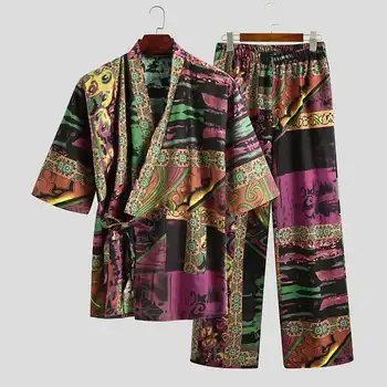 Vyrai Pusė Rankovėmis V-Kaklo Spausdinti Nėrinių Viršūnės Medvilnės Kelnės Sleepwear naktiniai drabužiai Kimono Yukata Kostiumai Vyrams Pižama Rinkiniai INCERUN 5XL 7