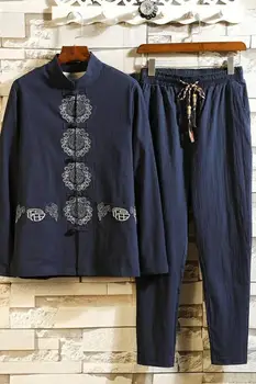 Vyrai Siuvinėjimo Kinų Stiliaus Tang Kostiumas 2020 Vyrų Ilgas Rankovėmis Marškinėliai&Kelnes Vyrų Tradicinių Drabužių Mandarinų Apykaklės Kung Fu Rinkiniai