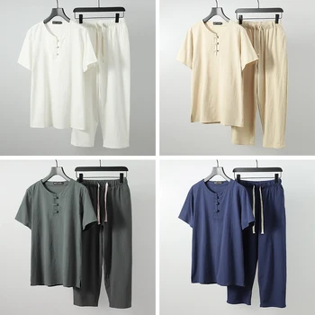 Vyrai Summer Set T-shirts & Aštuonių ilgio Kelnės Vyras Super Plius Dydis M-9XL Laisvi O-kaklo trumpomis Rankovėmis T-shirt & Kelnės 7XL 8XL 9XL